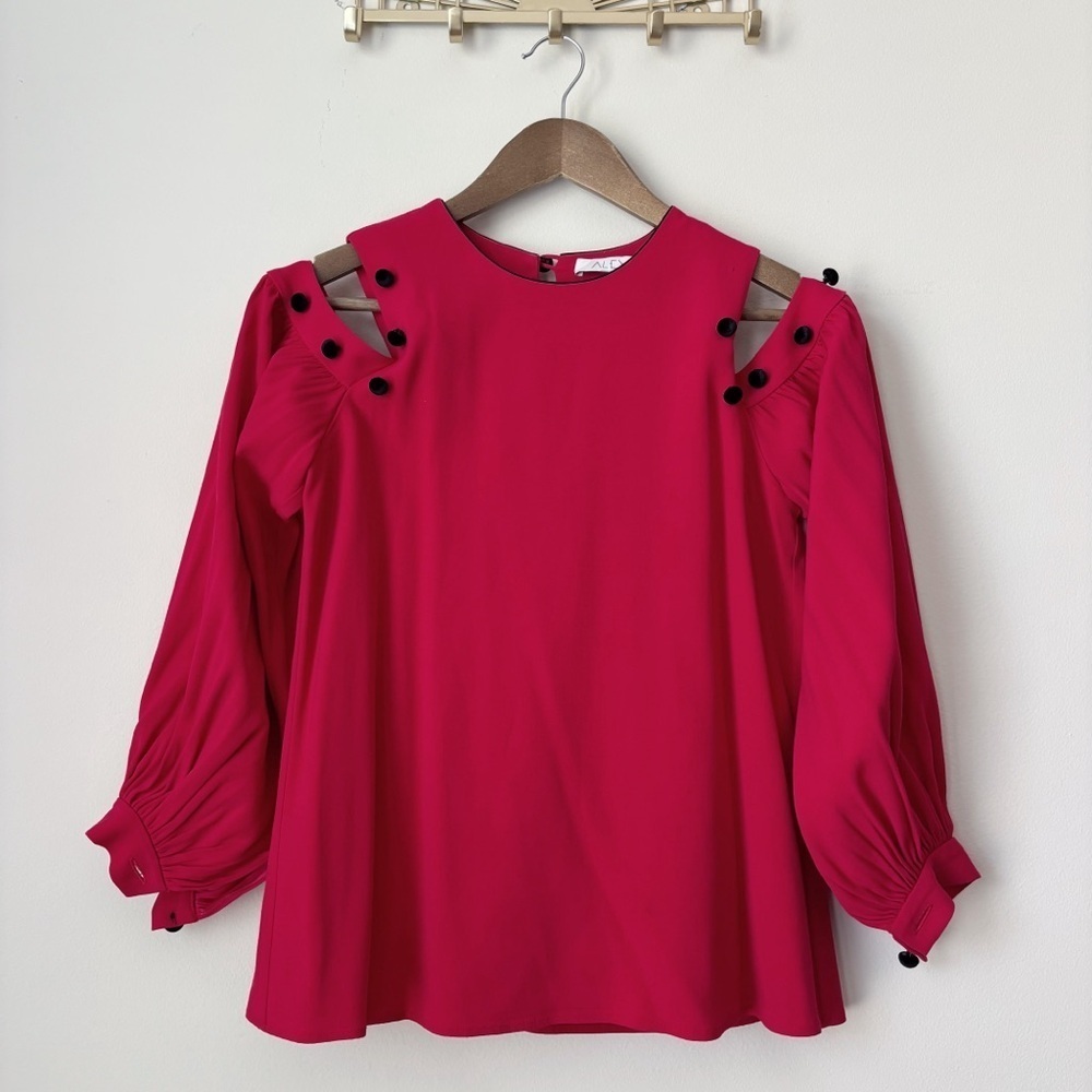 Alexis Red Open Shoulder Button Accent Top XS Quiet Luxury